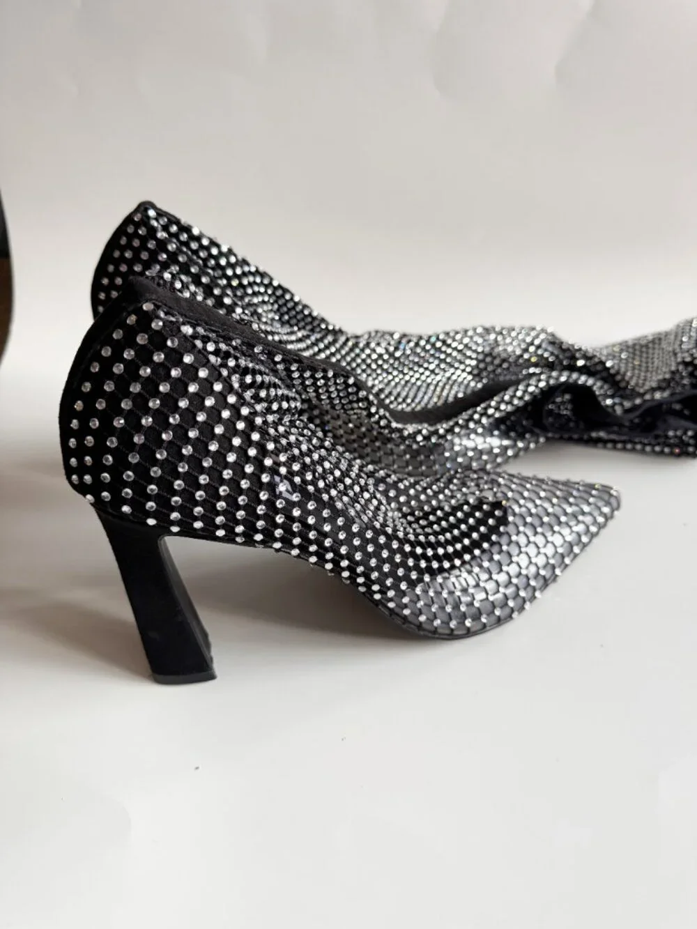 Steve Madden Sapphire Rhinestone Mesh Sock Booties Black Crystal Heel Size 9